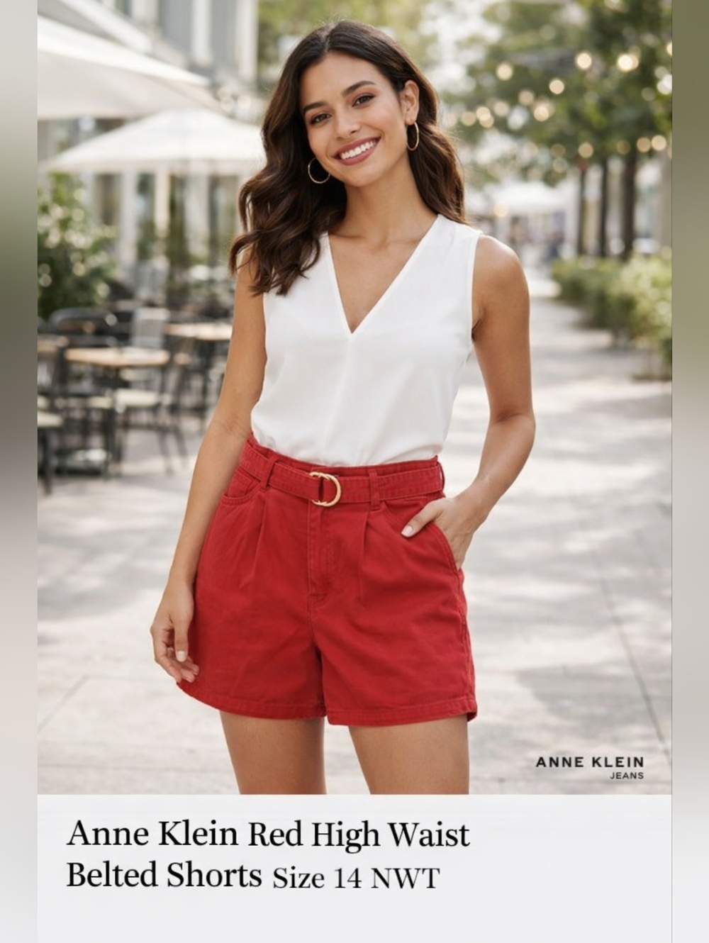 Anne Klein Red High Waist Belted Shorts Size 14 NWT